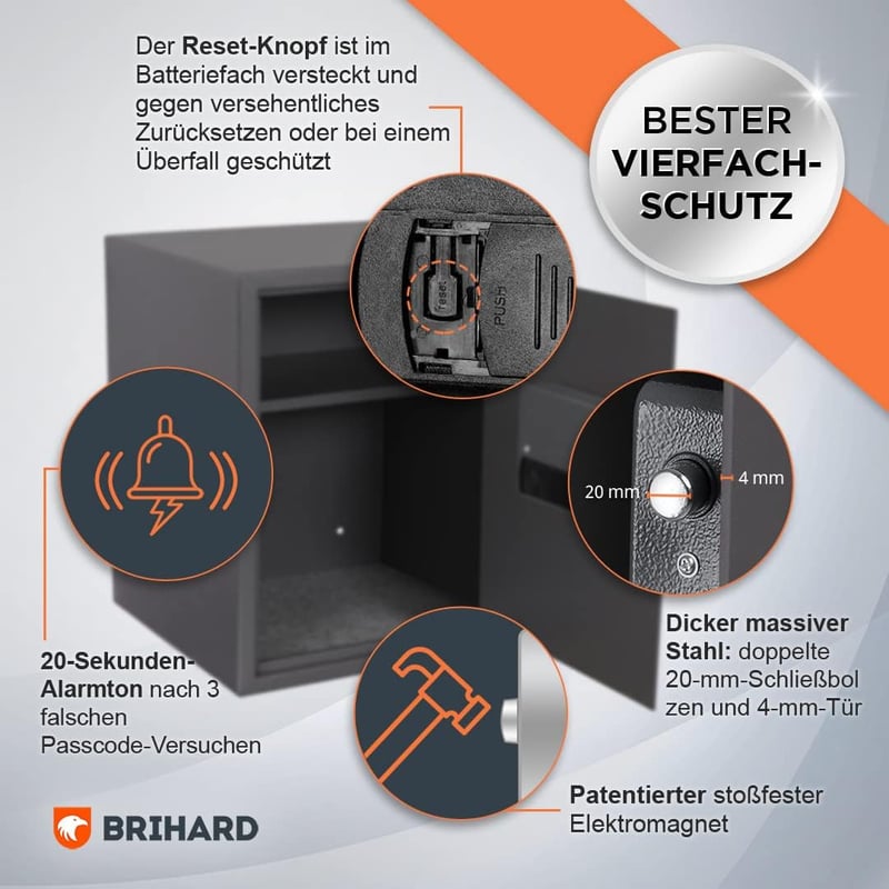 Brihard Business XL EL Széf Elektronikus Zárral - 50x35x36cm Titán Szürke Acél Páncélszekrény Fali/Padló Rögzítéssel, LED Kijelzővel, Vészny