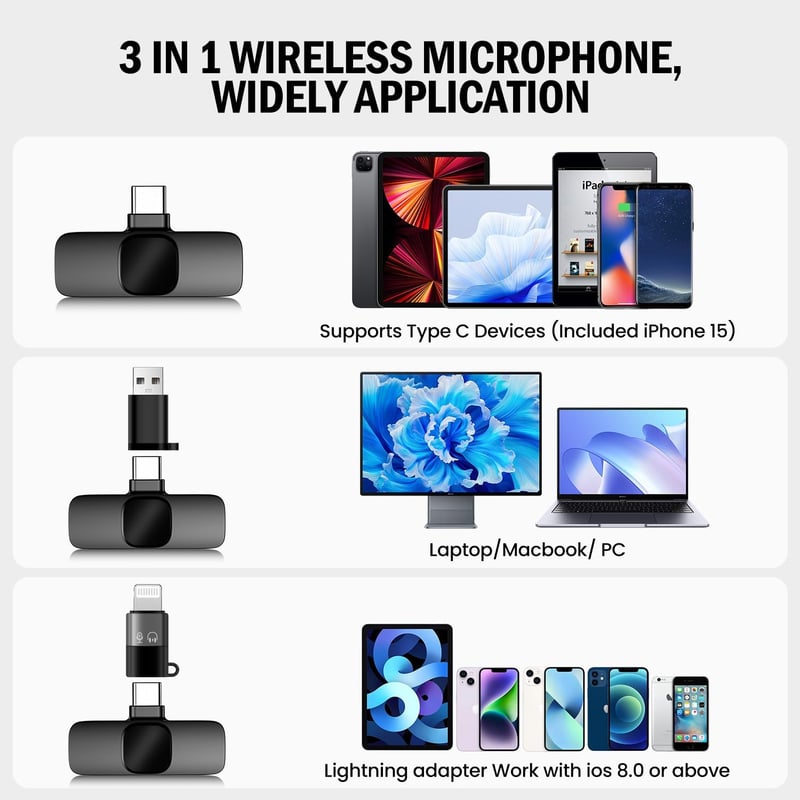 BYbrutek 3 az 1-ben Vezeték Nélküli Csíptetős Mikrofon iPhone/Android/PC Eszközökhöz - Mini Mikrofon Videófelvételhez, 25m Hatótáv