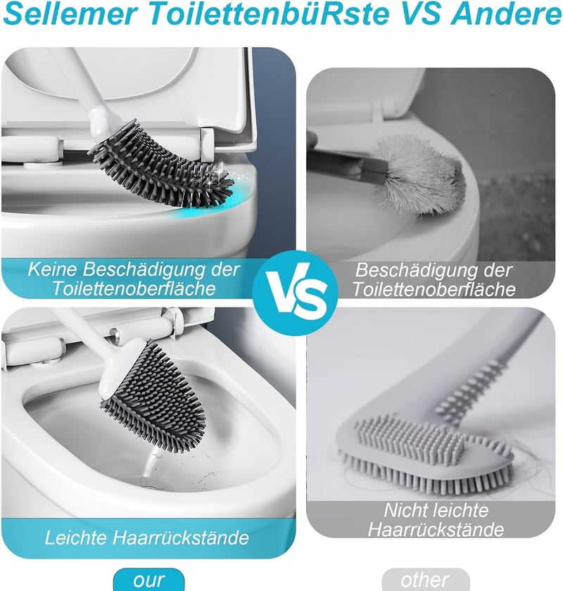 Sellemer Szilikon WC Kefe Szellőző Talppal - Hajlítható Fejű Fürdőszobai Tisztító Eszköz Holt Sarkokhoz, Mosdóhoz, Kádhoz - Fehér