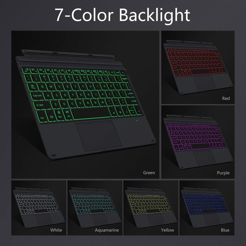 MoKo Bluetooth Billentyűzet Tok Surface Go 4/3/2/2018 Modellekhez, 7 Színű LED Háttérvilágítás, Érintőpaddal, Újratölthető Akkumulátor, Feke