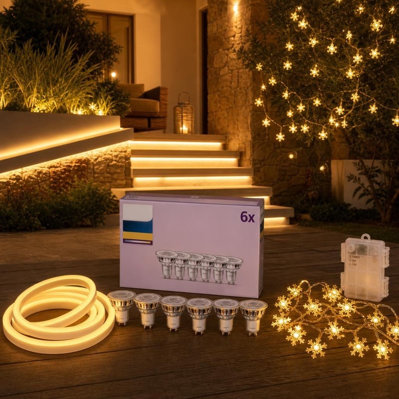 Meghitt fényvarázs: 6 db GU10 LED izzó + 2 m neon LED szalag + 6 m hópehely fényfüzér, 40 LED, időzítő