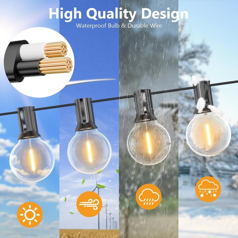 SUWIN Kültéri Fényfüzér 45m - 75+2 LED Izzós Kerti Világítás, Időjárásálló Fénysor Meleg Fehér Fénnyel, Dimmelhető, Teraszra, Erkélyre, Kert
