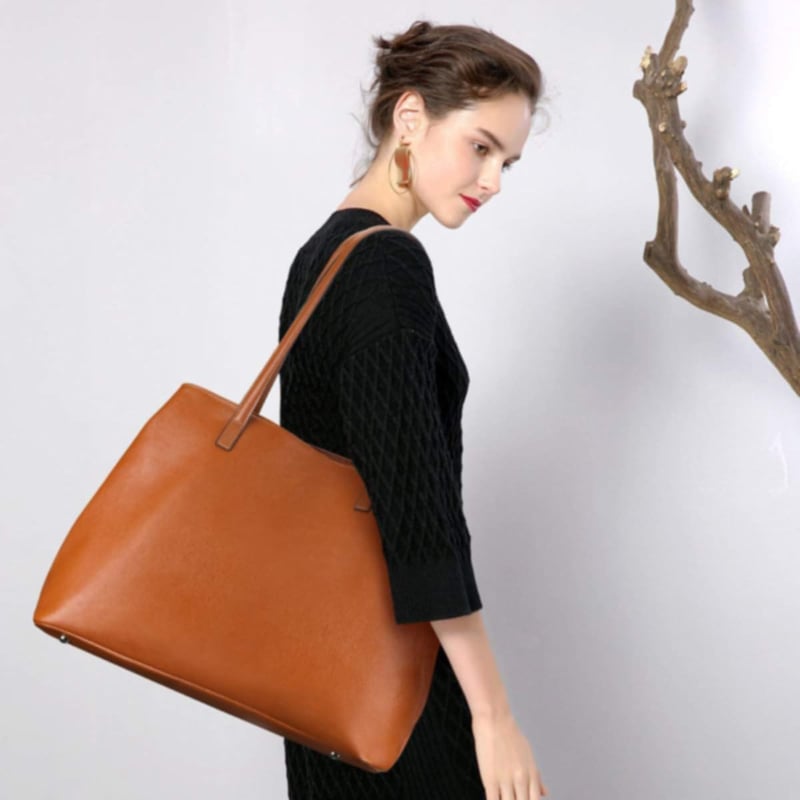 S-ZONE Valódi Bőr Női Táska - Nagy Méretű Shopper Válltáska 13" Laptoptartóval