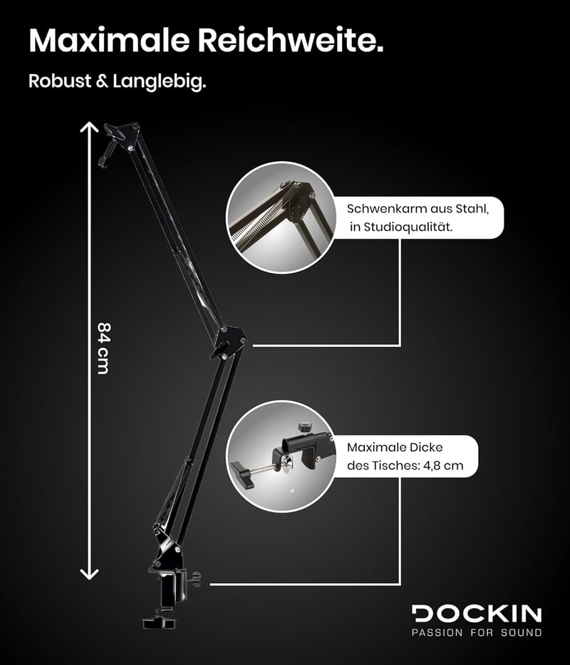 DOCKIN MA100 Mikrofon Kar - 84 cm Állítható Acél Mikrofonállvány Kábelelvezetéssel, Røde/Razer Kompatibilis, Asztali Rögzítővel, Podcast/Str