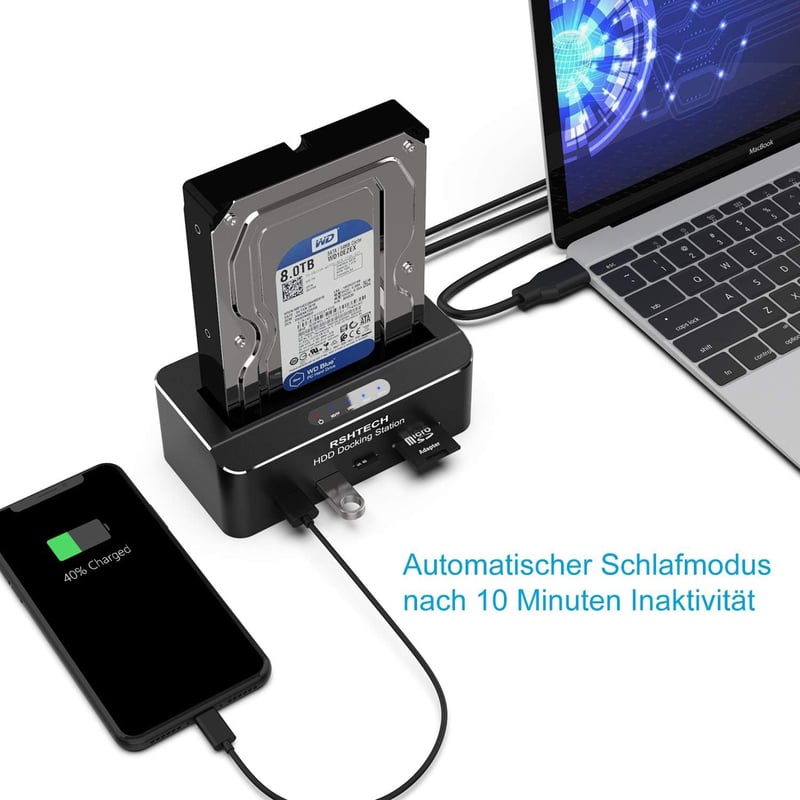 RSHTECH Alumínium USB 3.0 HDD/SSD Dokkoló 2.5" és 3.5" SATA Meghajtókhoz, SD/TF Kártyaolvasóval, 16TB-ig