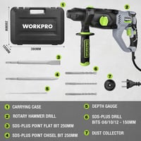 WORKPRO SDS-Plus 1050W Fúrókalapács 3 Joule, Állítható Sebesség, 360° Forgatható Fogantyú, Betonhoz 26mm, Tartozékokkal és Hordtáskával 3