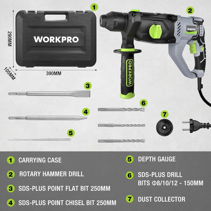WORKPRO SDS-Plus 1050W Fúrókalapács 3 Joule, Állítható Sebesség, 360° Forgatható Fogantyú, Betonhoz 26mm, Tartozékokkal és Hordtáskával