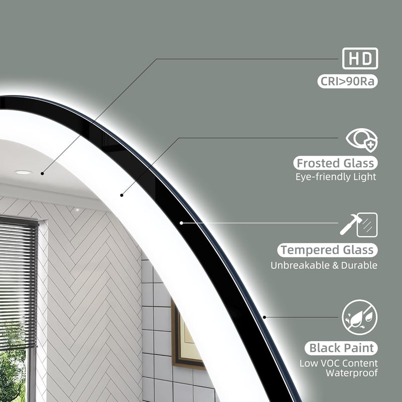 STARLEAD Kerek Fürdőszobai Tükör 80 cm, LED Világítással, Bluetooth Hangszóróval, Fényerőszabályzós, 3 Színhőmérséklet, Páramentesítő, Feket