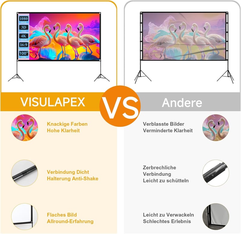 VISULAPEX 100 Inch Hordozható Vetítővászon Állvánnyal - 16:9 4K HD Összecsukható Vetítővászon Hordtáskával Otthoni Mozihoz, Kerti Filmezéshe