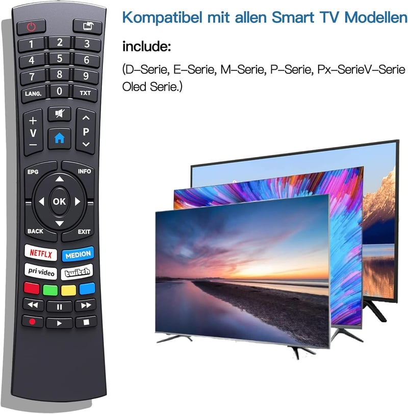 FOXRMT RC1822 Univerzális Távirányító Medion Ultra HD Smart TV-hez - Netflix és Prime Videó Gombokkal, 10m Hatótávolság, Előre Konfigurált, 