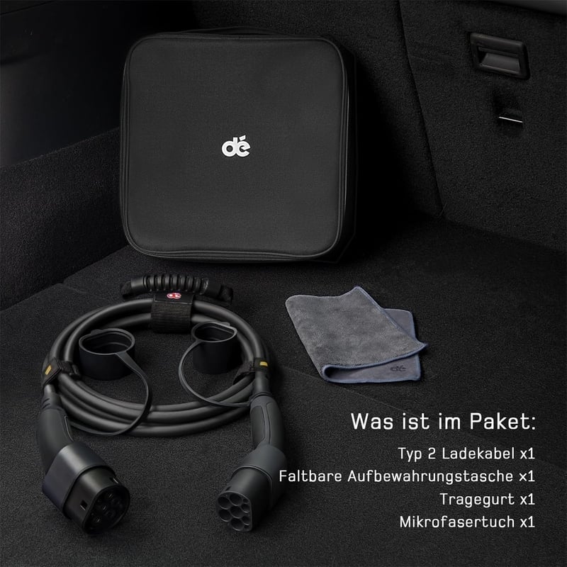 deAccessories Type 2 Elektromos Autó Töltőkábel 22kW 3-Fázisú 32A 10m - Hordtáskával, Kompatibilis Model 3, e-UP, ID.3, Zoe, e-Tron és Más E