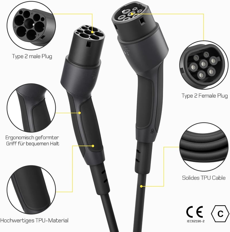 deAccessories Type 2 Elektromos Autó Töltőkábel 22kW 3-Fázisú 32A 10m - Hordtáskával, Kompatibilis Model 3, e-UP, ID.3, Zoe, e-Tron és Más E