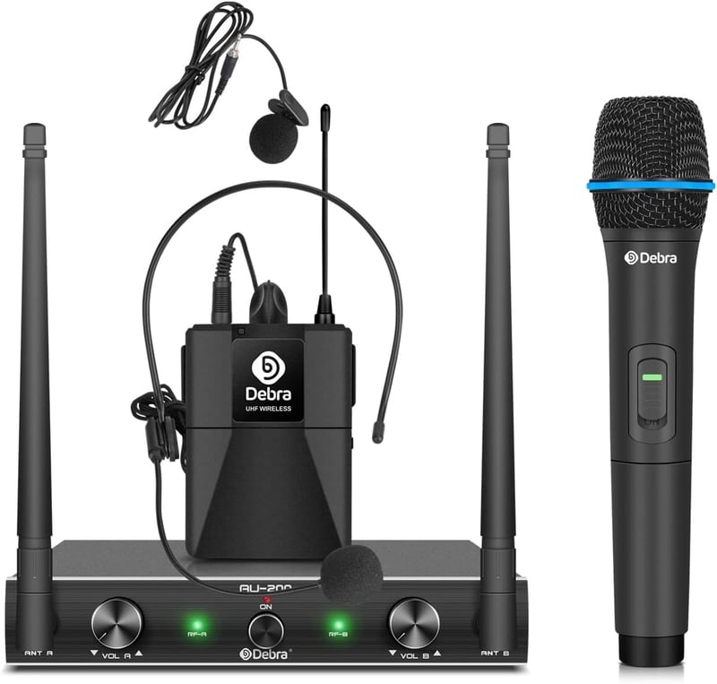 Debra AU200 Pro vezeték nélküli mikrofon szett - 2 csatornás UHF rendszer kézi mikrofonnal és testadóval - templomi, karaoke, DJ használatra