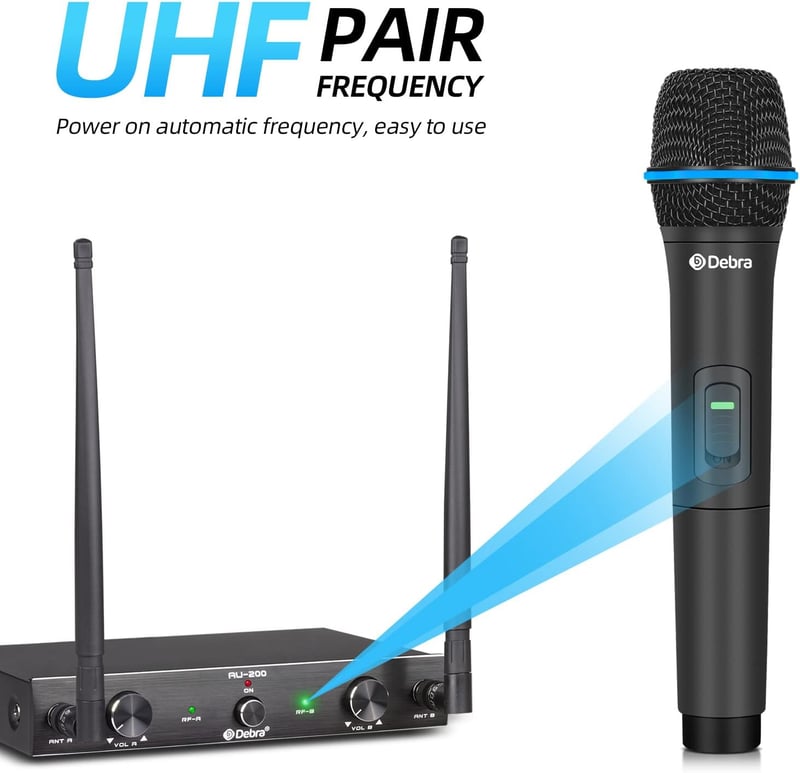 Debra AU200 Pro vezeték nélküli mikrofon szett - 2 csatornás UHF rendszer kézi mikrofonnal és testadóval - templomi, karaoke, DJ használatra