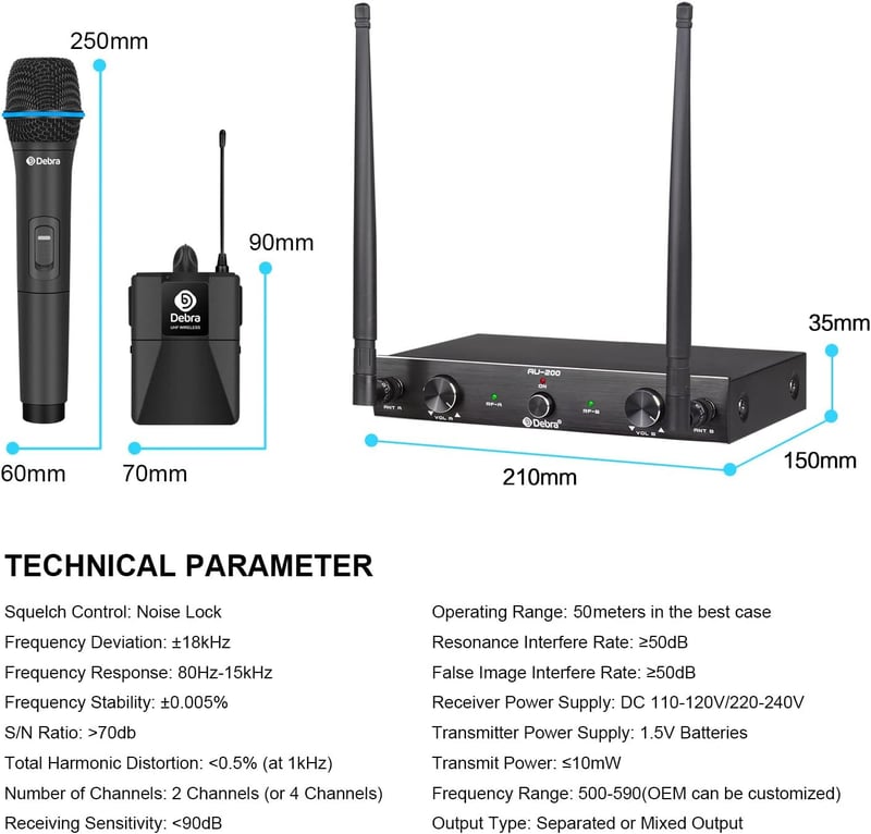 Debra AU200 Pro vezeték nélküli mikrofon szett - 2 csatornás UHF rendszer kézi mikrofonnal és testadóval - templomi, karaoke, DJ használatra