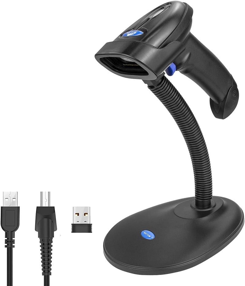 NETUM Bluetooth 2D vonalkód olvasó, vezeték nélküli QR szkenner tartóval, 2000 mAh akkumulátor