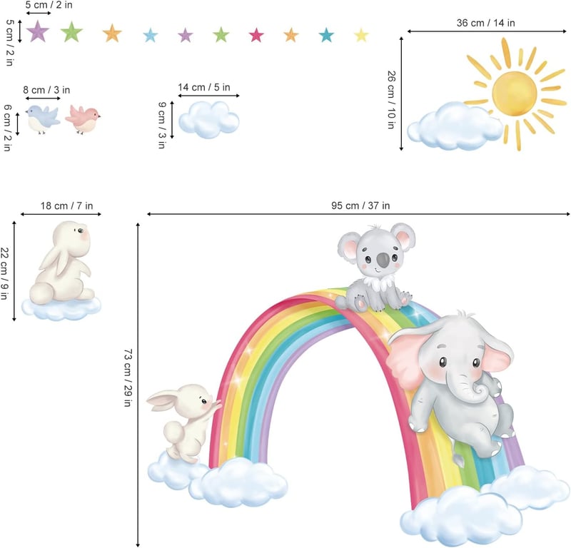 decalmile Falmatrica Szivárvány Felhők Elefánt Koala Nyúl Csillag Babaszoba