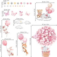 decalmile Hőlégballon Falmatrica Rózsaszín Állatok Virágok Elefánt Medve Babaszoba Dekoráció 4