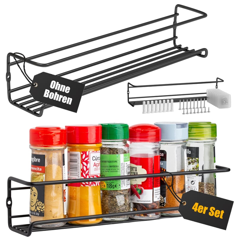Raft pentru condimente Deco Haus cu montare pe perete fără găurire – set de 4 bucăți, negru, raft suspendat pentru ușa dulapului – 29 x 6,35 x 5 cm