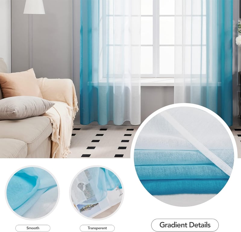 Deconovo Áttetsző Függöny Szett, Kék Fényáteresztő Voile Sötétítő Fülekkel, 245x140 cm, 2 db, Mosható Poliészter Erkély Függöny