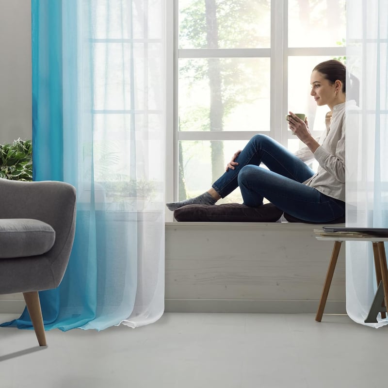 Deconovo Áttetsző Függöny Szett, Kék Fényáteresztő Voile Sötétítő Fülekkel, 245x140 cm, 2 db, Mosható Poliészter Erkély Függöny