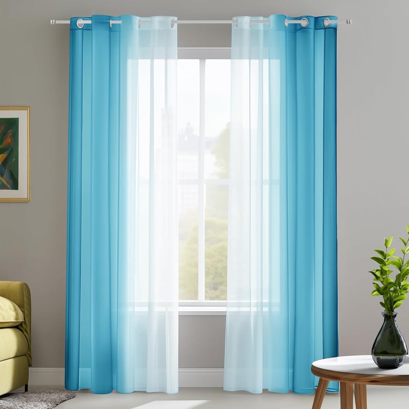 Deconovo Áttetsző Függöny Szett, Kék Fényáteresztő Voile Sötétítő Fülekkel, 245x140 cm, 2 db, Mosható Poliészter Erkély Függöny