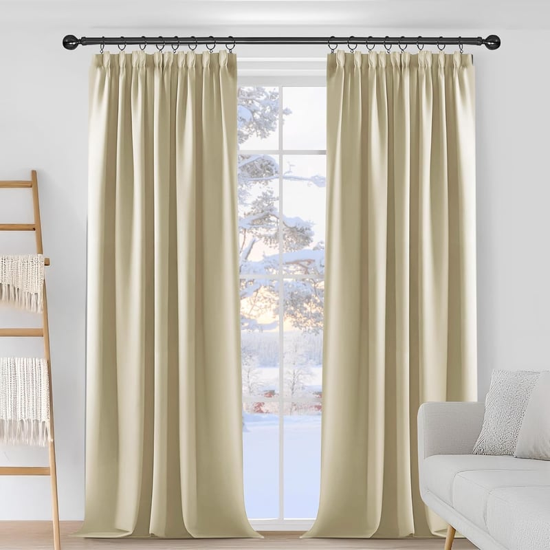 Deconovo Bézs vastag hőszigetelő sötétítő függöny ráncolt szalaggal konyhába, ablakra 242x132 cm, hideg és melegvédelem, 2 db