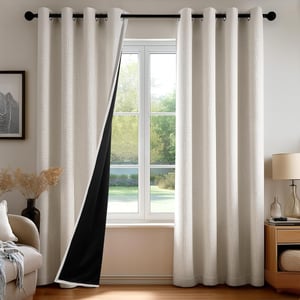 Perdele decorative Deconovo cu aspect de in, cu inele, 2 panouri 140x245 cm, culoare in natural, pentru living, dormitor, birou sau camera copiilor
