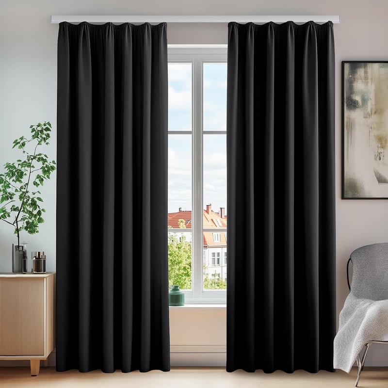 Deconovo Fekete sötétítő függöny hideg- és hangszigeteléssel ráncolt szalaggal 160x140 cm 2 db
