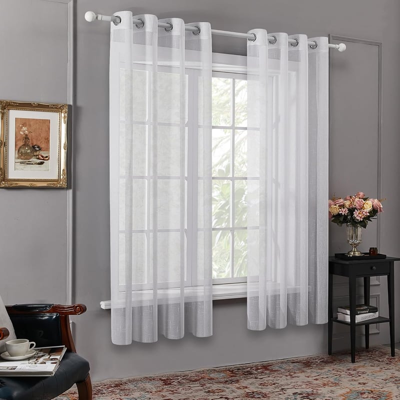 Deconovo Fényáteresztő Függöny Karikás Felfüggesztéssel - Len Hatású Fehér Voile Függönypár Gyerekszobába, 215x140 cm, 2 db