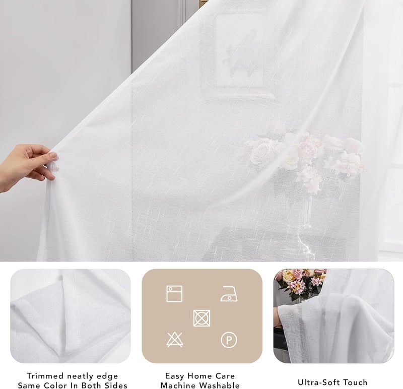 Deconovo Fényáteresztő Függöny Karikás Felfüggesztéssel - Len Hatású Fehér Voile Függönypár Gyerekszobába, 215x140 cm, 2 db