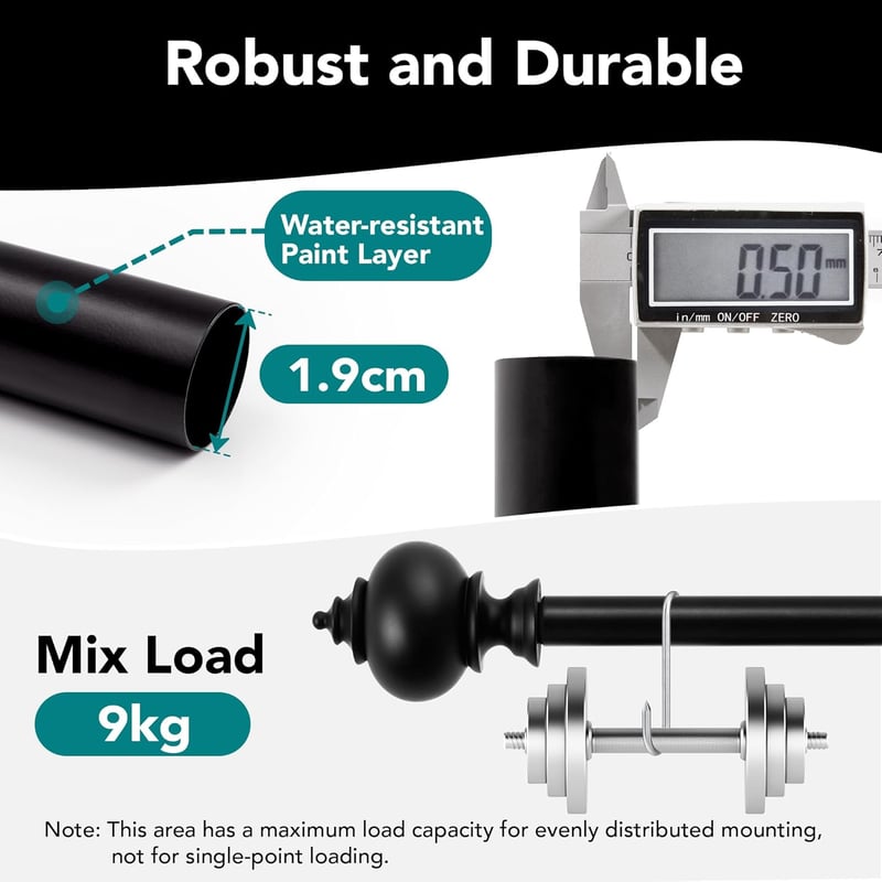 Deconovo Függönyrúd 19mm - Kihúzható Fali Tartóval 122-213 cm - Matt Fekete Acél Karnis Nehéz Függönyökhöz, 20 kg Teherbírással