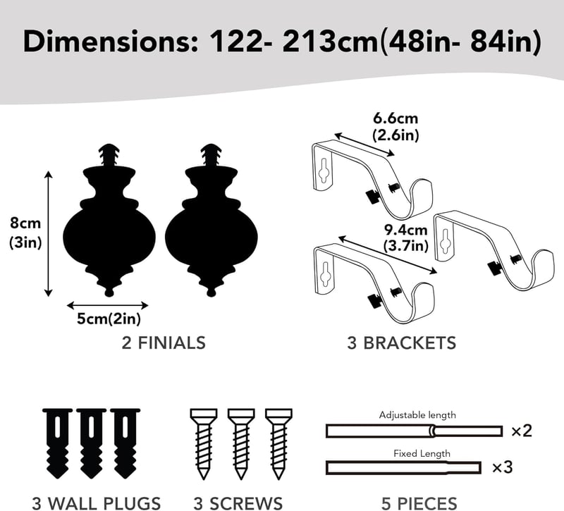 Deconovo Függönyrúd 19mm - Kihúzható Fali Tartóval 122-213 cm - Matt Fekete Acél Karnis Nehéz Függönyökhöz, 20 kg Teherbírással