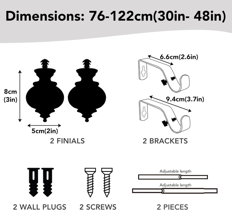 Deconovo Kihúzható Függönyrúd 19mm - Fém Karnis Fali Konzollal 76-122 cm, Matt Fekete, 7kg Teherbírás, Egyszerű Szerelés