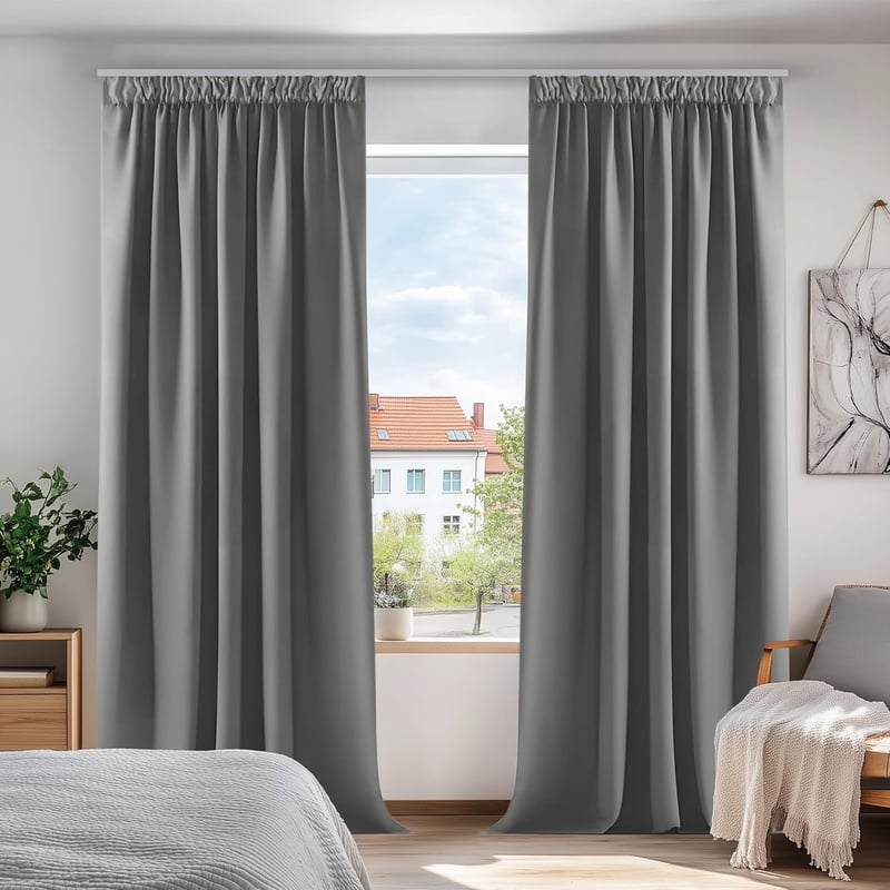 Deconovo Sötétítő Függöny Ráncolható Szalaggal - Világosszürke Hőszigetelő Blackout Függöny Hálószobába, 175x140 cm, 2 db-os Szett