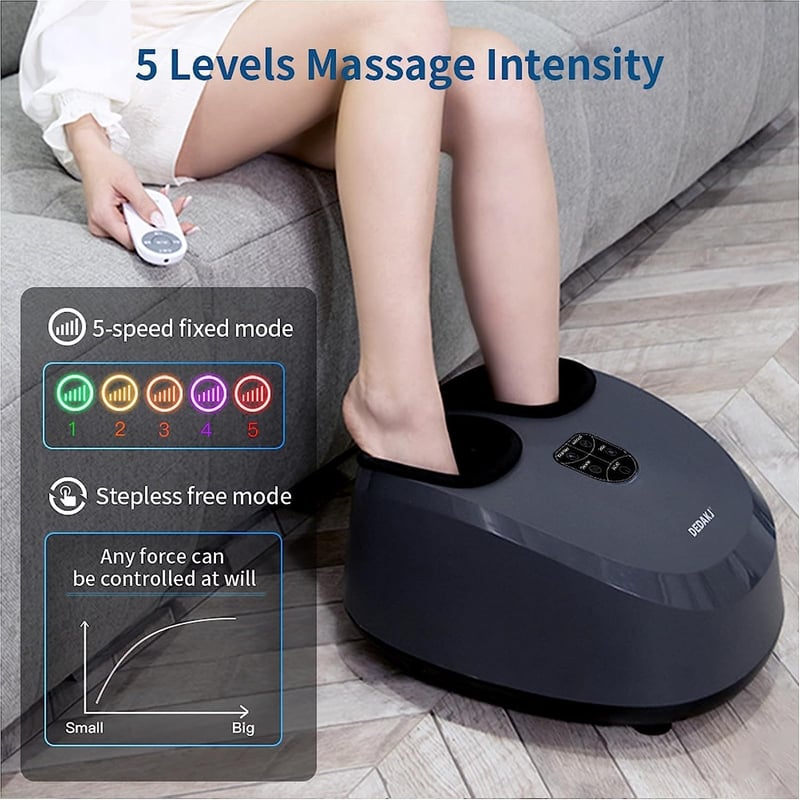 DEDAKJ fekete shiatsu lábmasszírozó hővel és léghullámos kompresszióval, állítható intenzitás, gyúró masszázs, keringésfokozás