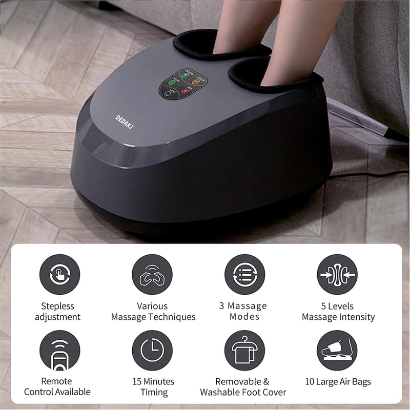 DEDAKJ fekete shiatsu lábmasszírozó hővel és léghullámos kompresszióval, állítható intenzitás, gyúró masszázs, keringésfokozás