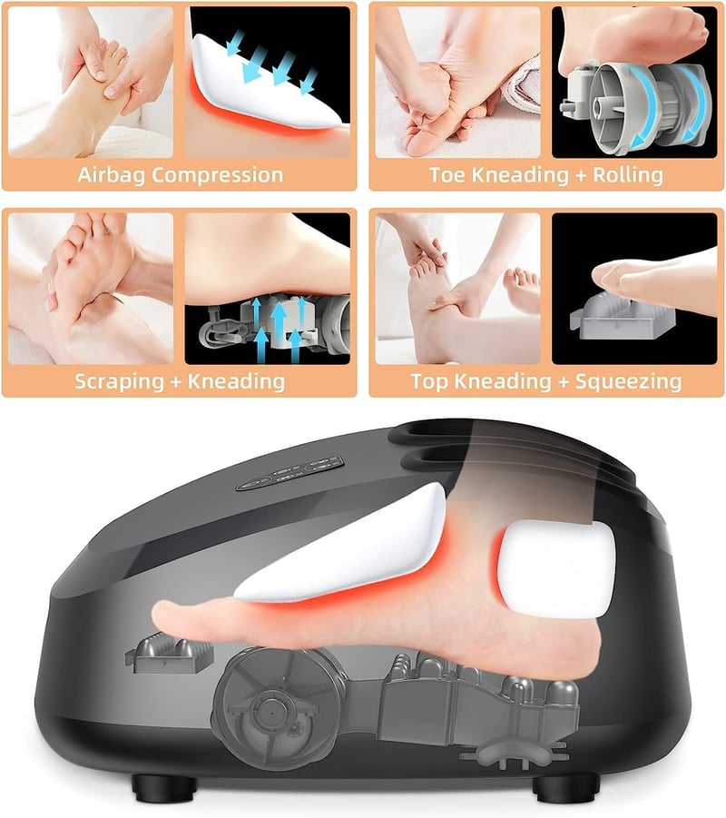 DEDAKJ fekete shiatsu lábmasszírozó hővel és léghullámos kompresszióval, állítható intenzitás, gyúró masszázs, keringésfokozás