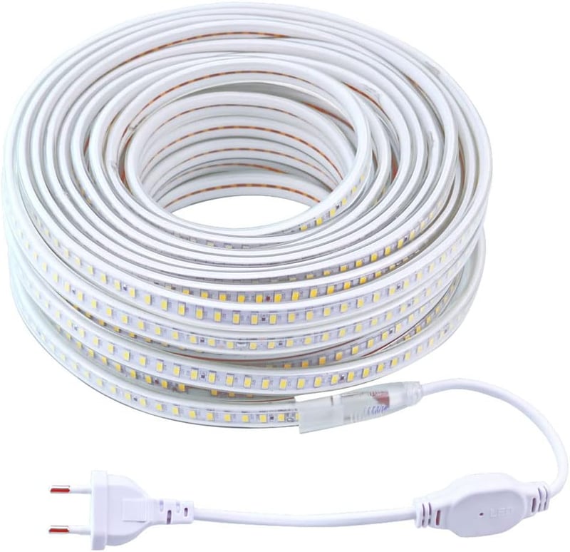 pcning 20m LED Szalag 230V 3000K Meleg Fehér IP67 Vízálló SMD 5730 Kültéri-Beltéri Világítás 120 LED/m 8W Dekorációs Fénycsík Szerelőkészlet
