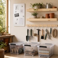 Nástenný systém do garáže: 12× hák + magnetická tabuľa + 2× polica + 3× 35l úložný box 1