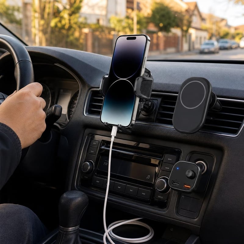 Ingázó autóhangulat: szellőzőrácsos telefontartó + mágneses autós töltő + 2 m Lightning kábel + Bluetooth
