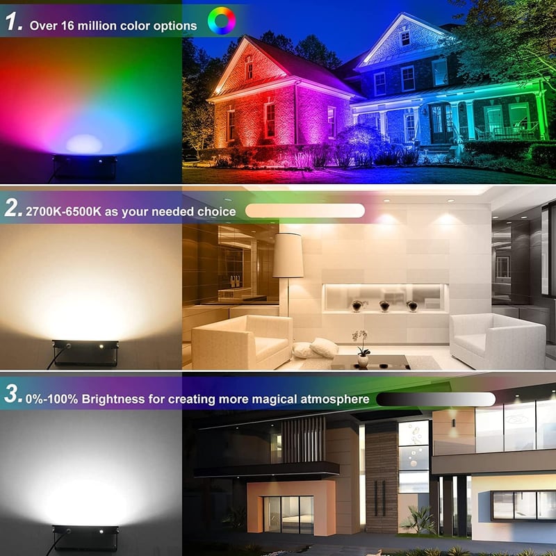 2 db RGB LED Kültéri Reflektor 100W - WiFi/Bluetooth Vezérlés, IP66 Vízálló, 16 Millió Szín, Zenére Változó Fények Partikhoz, Karácsonyra