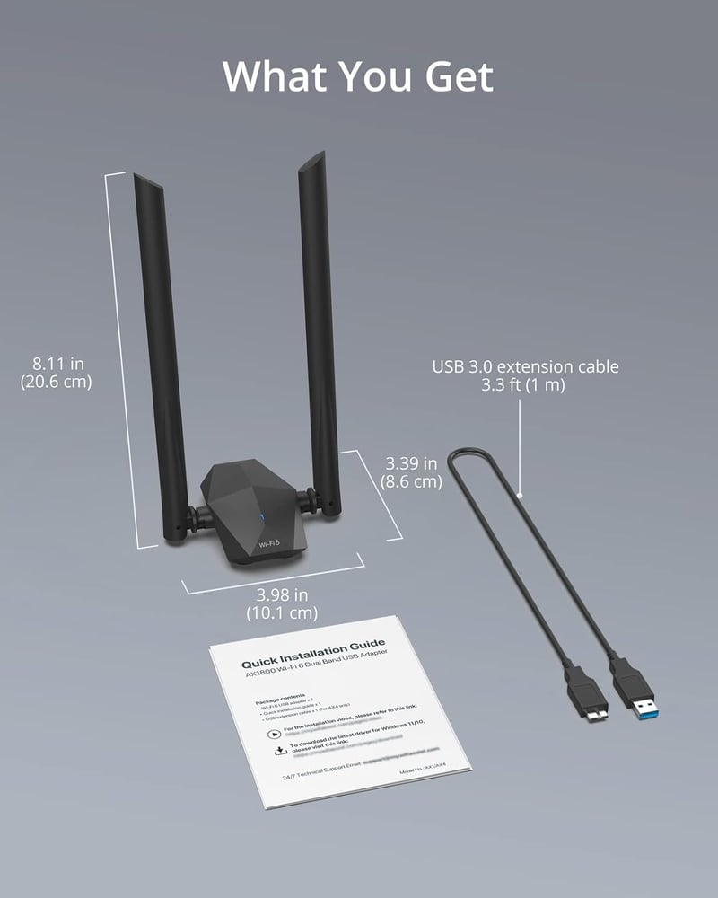BrosTrend AX1800 WiFi 6 USB adapter PC-hez, nagy hatótávolságú, kettős sávú (1201Mbps/5GHz + 574Mbps/2.4GHz), két 5dBi antennával, Windows 1