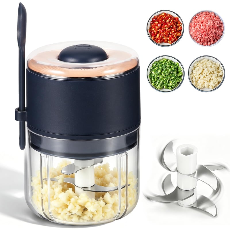 Mini tocător electric DEECOZY 350 ml, încărcare USB, cu 6 lame din oțel inoxidabil, cu lingură, albastru – pentru ceapă, fructe, nuci, carne