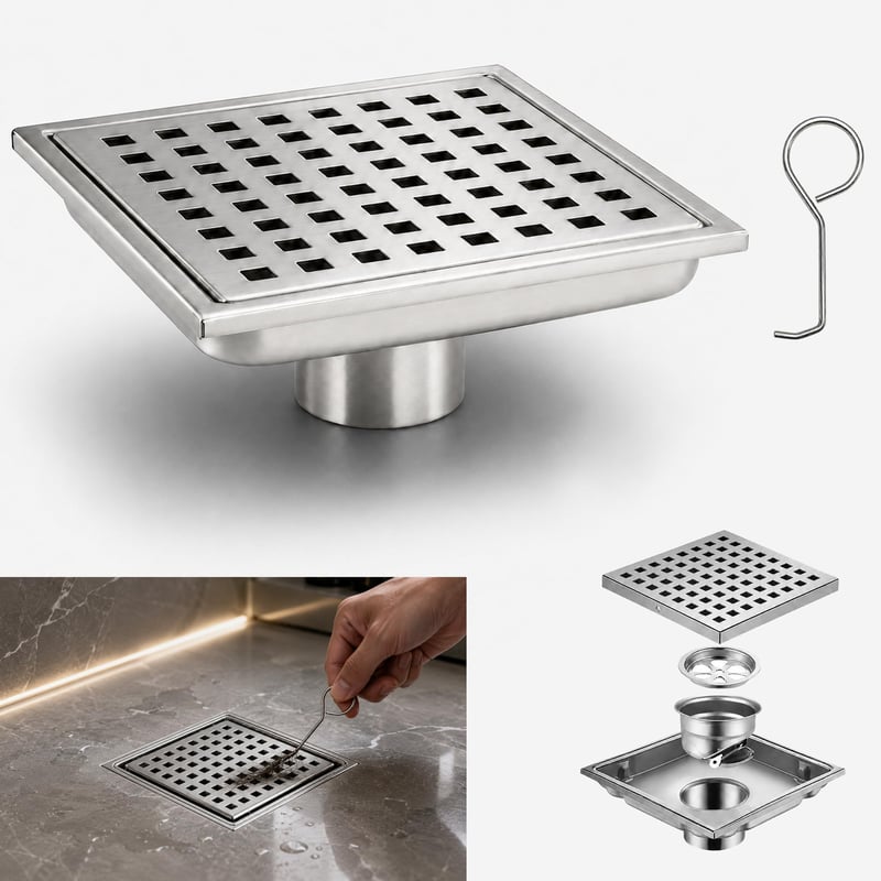 Deejuns četvrtasta podna odvodna rešetka za tuš sa sifonom protiv neugodnih mirisa, 15x15 cm, s mrežicom za kosu, 2 u 1 odvod s mogućnošću postavljanja pločica, bez mirisa, nevidljiv, za unutarnju i vanjsku upotrebu