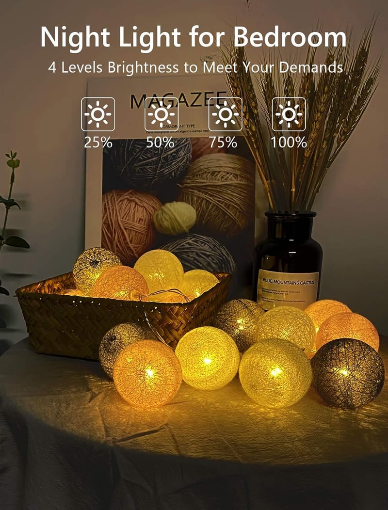 DeepDream LED Fényfüzér Pamutgolyókkal Távirányítóval 20 Fényes Golyó 8 Világítási Mód Szürke Beltéri Dekoráció