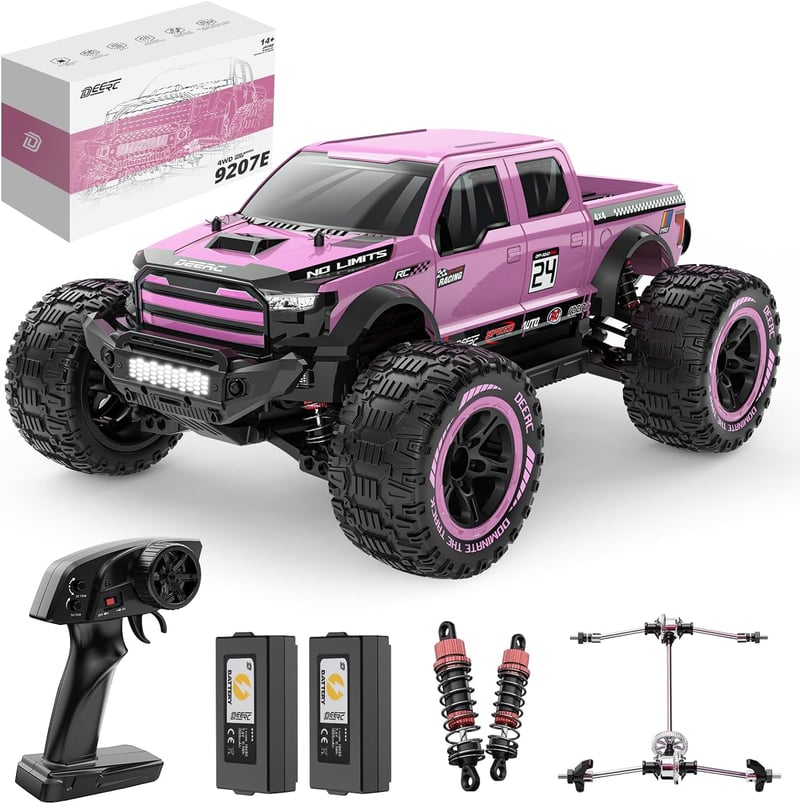 DEERC 1:10 4X4 RC Monster Truck 48km/h Rózsaszín Terepjáró 2 Akkumulátor
