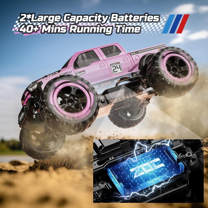DEERC 1:10 4X4 RC Monster Truck 48km/h Rózsaszín Terepjáró 2 Akkumulátor