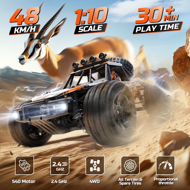 DEERC 1:10 RC Monster Truck 48 km/h 4X4 LED világítással, 2 akkumulátor, 2.4 GHz