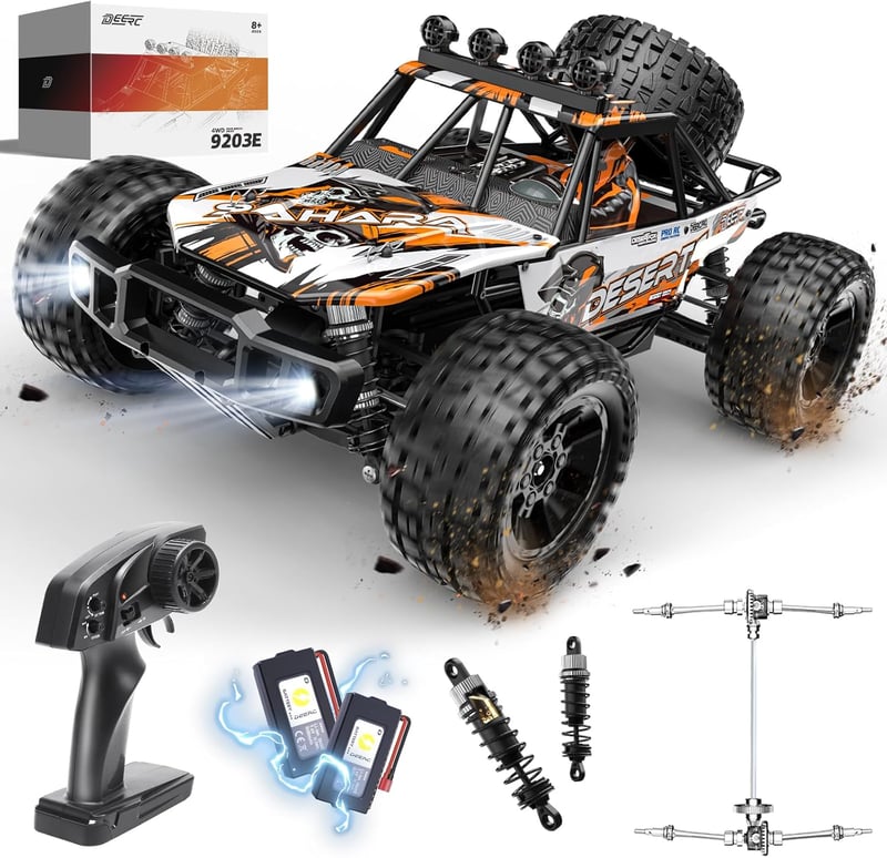 DEERC 1:10 RC Monster Truck 48 km/h 4X4 LED világítással, 2 akkumulátor, 2.4 GHz